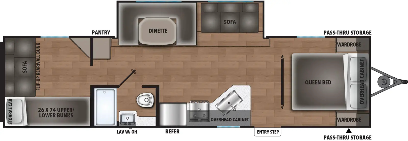 The Northern Spirit DLX & Compact 5300QB floorplan has one entry and one slide out. Exterior features include: metal exterior. Interiors features include: bunk beds, u-dinette and front bedroom.